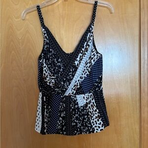CABI  Black & White Mixed Print Sleeveless Faux Wrap Top